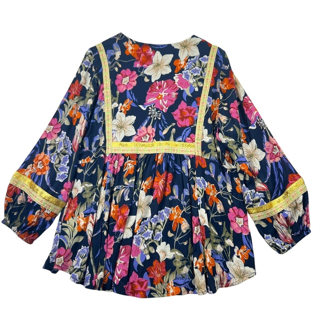 Cynthia Rowley Floral Tunic Women 1X Navy Blue Boho Embroidered V-Neck Top - Picture 4 of 9